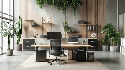 Office space embraces minimalism and sustainability, equipped with bamboo surfaces and recycled paper products, reflecting a green corporate vision. Corporate carbon reduction