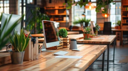 A simplistic office design incorporating bamboo desks, recycled paperwork, advocating for corporate environmental consciousness. Corporate carbon reduction