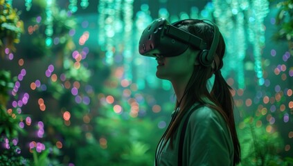 Obraz premium Highlight the harmony of hardware and software in a virtual reality environment, with users immersed in a digital landscape against the vivid green backdrop.