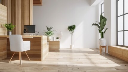 Fototapeta premium Minimalist office decor incorporating eco-friendly materials such as bamboo and recycled paper, ideal for portraying a commitment to sustainability. Corporate carbon reduction