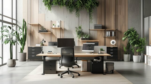 Office space embraces minimalism and sustainability, equipped with bamboo surfaces and recycled paper products, reflecting a green corporate vision. Corporate carbon reduction