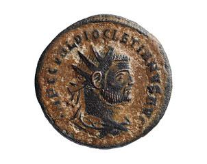 Ancient Roman bronze coin of Emperor Diocletian, 284-305 AD. Radiate. Rome, Empire, antique and history.