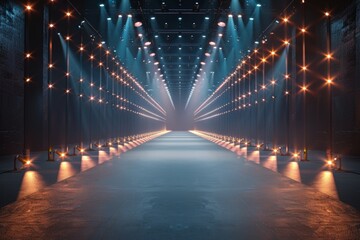 A long, empty hallway with lights on the ceiling. Fashion show catwalk or podium stage