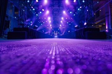 A stage with purple lights and a runway. Fashion show catwalk or podium stage