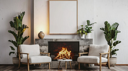 Modern fireplace with blank frame houseplants and armc