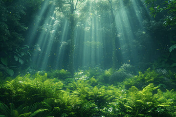 Obraz premium A verdant forest carpeted with emerald foliage, sunlight filtering through the canopy and dappling the forest floor with specks of gold. Concept of rejuvenation and tranquility. Generative Ai.