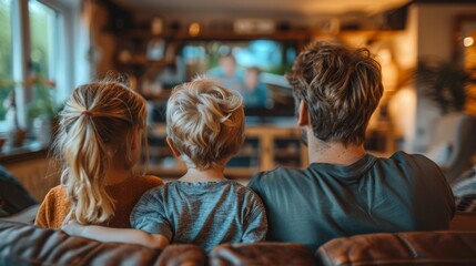A family watching a television program in their living room with large blank screen. cottage home.