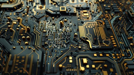 Fototapeta premium Detailed close-up of an electronic circuit board with glowing lines