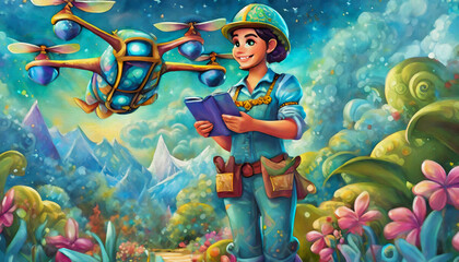 oil painting style Cartoon character urban gardening and drone racing, green thumb drone pilot