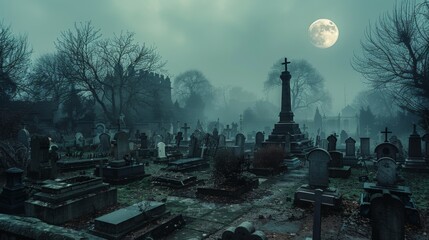 muddy night path in a spooky abandoned cemetery graveyard at night. dark fantasy misty and foggy vast landscape.