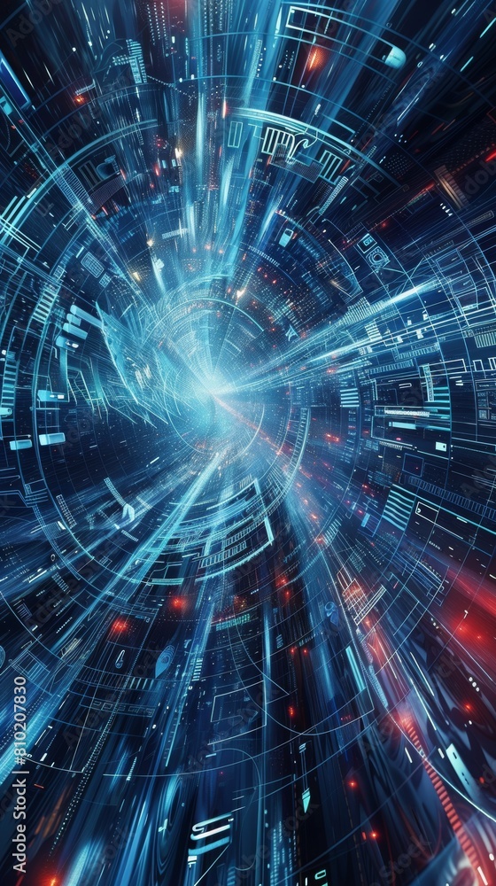 Poster abstract cyber technology tunnel with dynamic light effects, representing high-speed data transfer