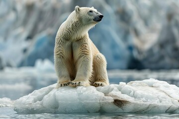 starving polar bear on melting ice floe climate change impact on arctic wildlife environmental concept