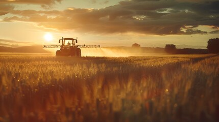 Naklejka premium Golden hour on the farm, tractor working in the field. Rural landscape, harvest season. Calm countryside life concept captured at sunset time. AI