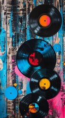 Colorful vinyl records on abstract art background