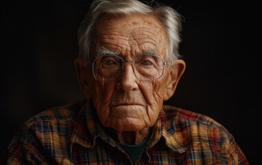 An old man with glasses and a plaid shirt. He looks tired and sad. Concept of loneliness and nostalgia