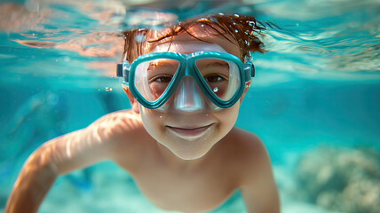 Fototapeta premium a cheerful boy swimming underwater in a mask. Summer vacation.