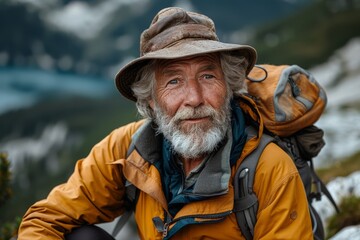 Fototapeta premium A seasoned hiker with a full beard, experiencing the peace of the great outdoors, reflecting a life of adventure