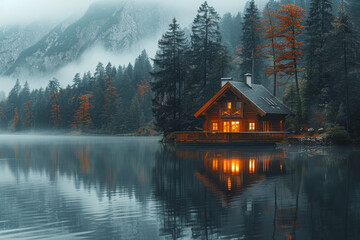 Fototapeta premium A serene lakeside cabin nestled among towering pine trees, its reflection mirrored in the glassy surface of the water. Concept of retreat and reflection. Generative Ai.