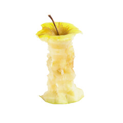 One green ripe apple, bitten to the core, on a transparent and white background. PNG. Side view.