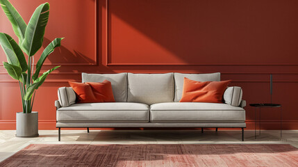 Modern sofa with pillows and carpet near color wall in