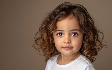 Naklejka premium A young girl with brown hair and brown eyes is smiling at the camera. She is wearing a white shirt and her hair is styled in a cute, curly manner. Concept of innocence and happiness