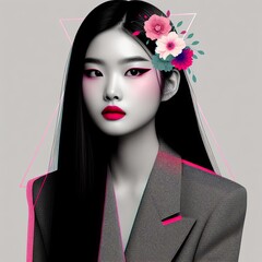 A minimalistic black and white collage in the style of pastel colors with a neon pink highlight of a young Asian woman in a gray blazer. Generative AI