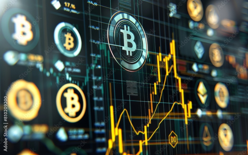 Poster a computer screen shows a graph of various cryptocurrencies, including bitcoin. the graph is yellow 