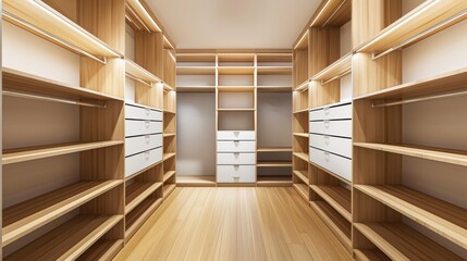Spacious closet with neatly organized empty shelves and hanging rods, focusing on the structured and clean layout