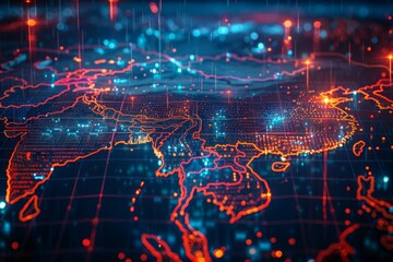 Obraz premium A map of the world with a blue background and red and orange lines