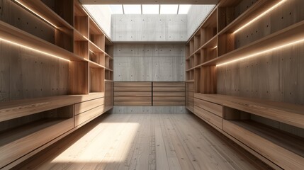 Obraz premium Spotless empty shelves in a modern closet, showcasing the simplicity and functional design in a minimalist interior
