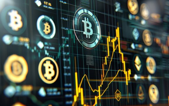 A computer screen shows a graph of various cryptocurrencies, including Bitcoin. The graph is yellow and green, and the Bitcoin symbol is prominently displayed in the center