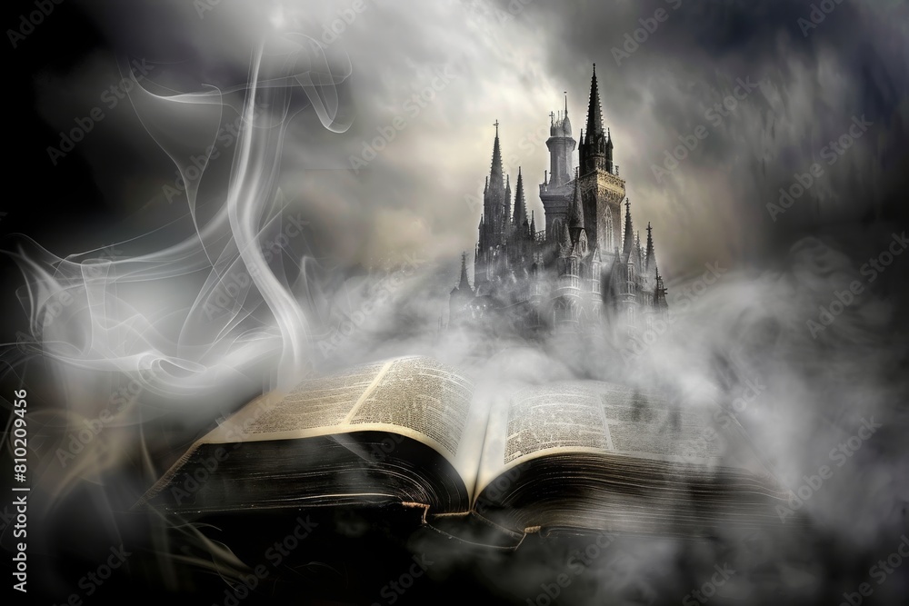 Poster an open book radiates a magical aura, unfurling an enchanted castle surrounded by swirling lights an
