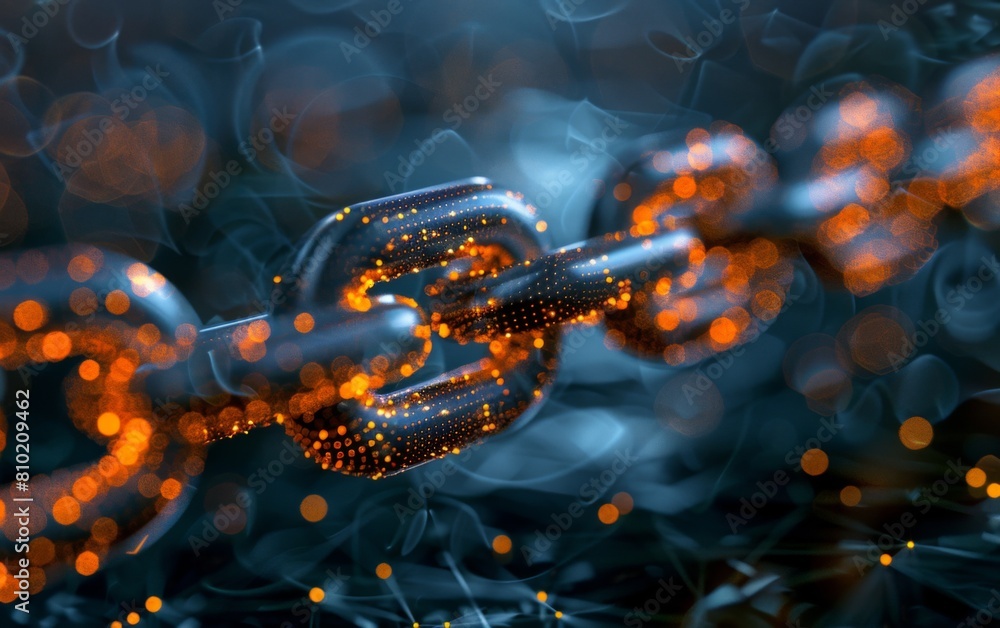 Poster a chain of links with a glowing orange hue. the chain is made of metal and he is a part of a larger 