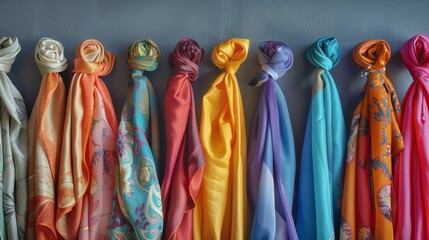 Vivid scarves neatly organized in a portrait, against a gray backdrop, highlighted in a cinematic and high-resolution style that draws the eye