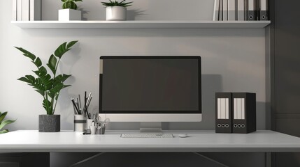Stylish ceo interior desk with pc computer and shelf with decor. Mockup frame realistic