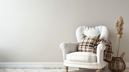 Modern white armchair with plaid near light wall