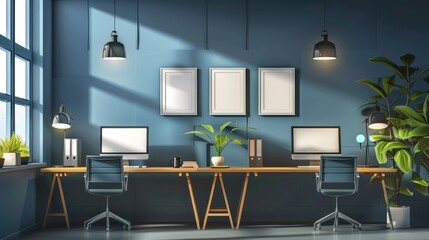 Stylish coworking interior with pc computers on desks and window. Mockup wall realistic