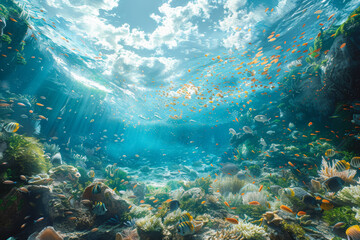 Obraz premium A primordial ocean teeming with life, from microscopic organisms to majestic sea creatures, symbolizing the origins of aquatic ecosystems. Concept of marine genesis. Generative Ai.