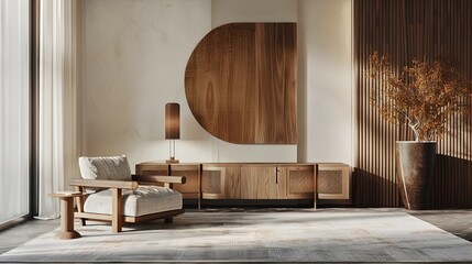 Striking Wood Grain Wall Art Adorning a Contemporary Living Space with Japandi Aesthetics