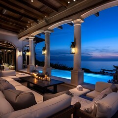 Fototapeta premium Moonlit Oceanfront Estate Exuding Luxury and Tranquility with Stunning Seascape Views
