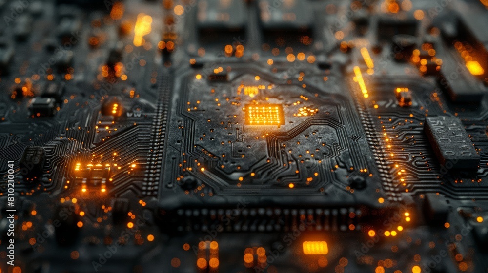 Poster macro shot of an illuminated circuit board with electronic pathways and glowing nodes