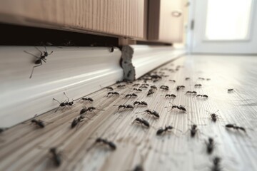 Ant infestation on wooden floor inside home