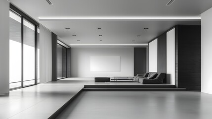 Fototapeta premium Minimalist Contemporary Living Room Exuding Elegance Through Black and White Tones and Projected Imagery