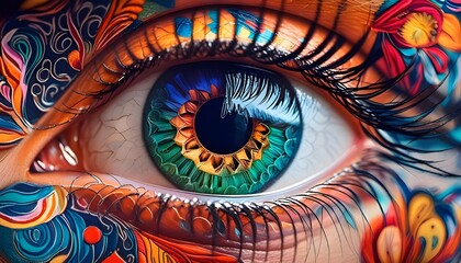  A vibrant and colorful artistic representation of an eye. The eye is the central focus