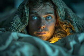 An expressive man lying under blankets with an intense, focused gaze lit with dramatic lighting