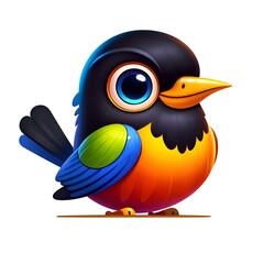 a whimsical cartoon bird, characterized by its exaggerated features and bright, playful colors, isolated on a white background