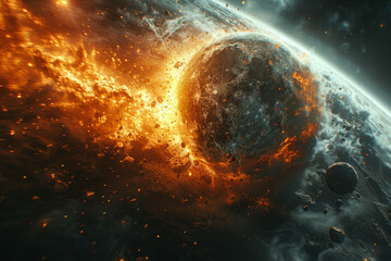 A celestial collision between asteroids and comets, contributing to the formation of the Earth's moon and shaping its orbit. Concept of lunar creation. Generative Ai.