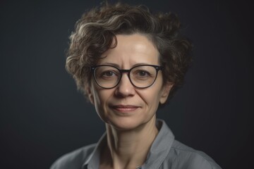 Mature teacher with glasses, warm smile, and curly hair against dark background, education themes.
