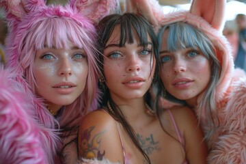 Fototapeta premium Attractive women in fantasy-inspired animal costumes pose with a festive sparkle in their eyes