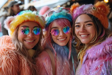 Obraz premium Joyful friends in vibrant festival attire pose happily together showcasing their individuality